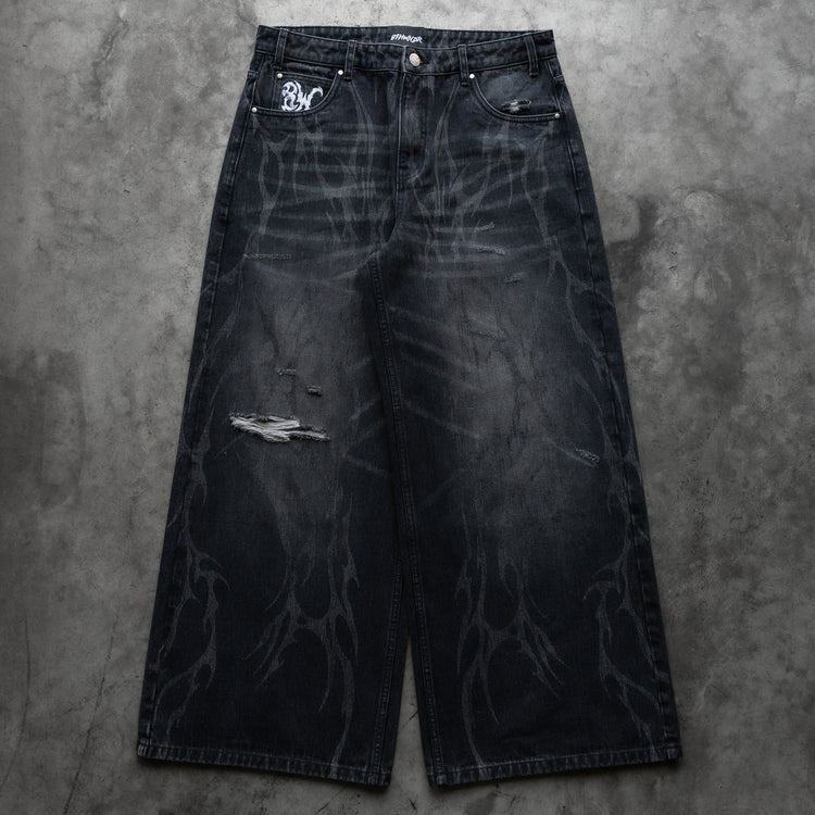8W TRIBAL DISTRESSED BAGGY JEANS BLACK