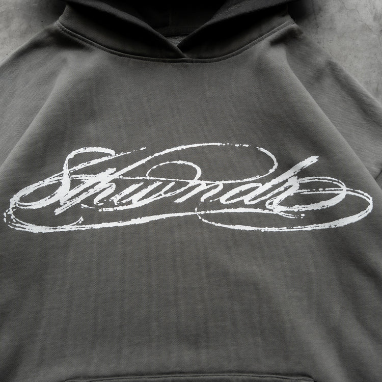 SCRIPT HOODIE WASHED GREY — concrete front design close-up