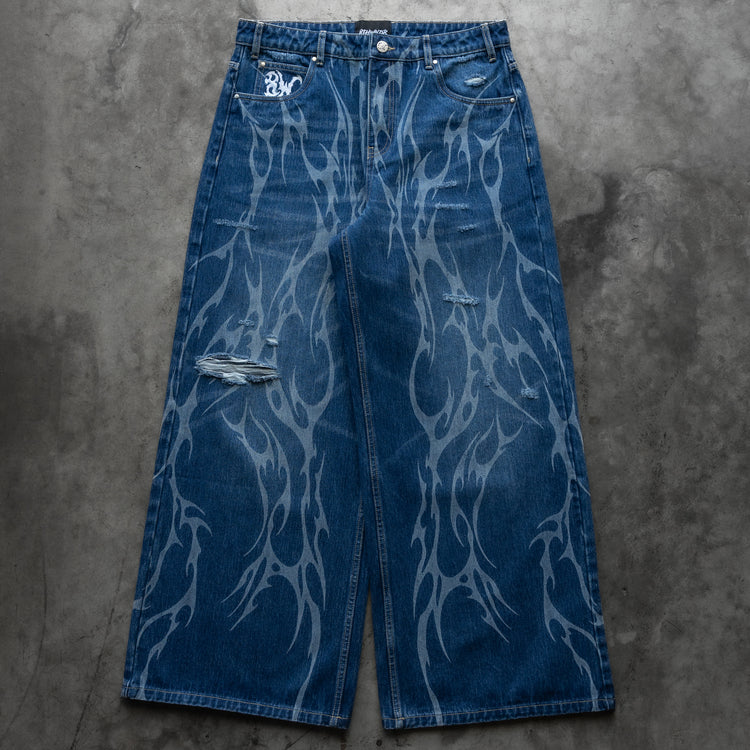 8W TRIBAL DISTRESSED BAGGY JEANS BLUE