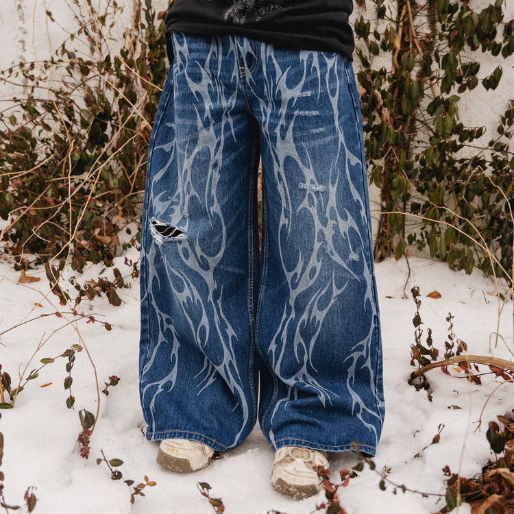 8W TRIBAL DISTRESSED BAGGY JEANS BLUE
