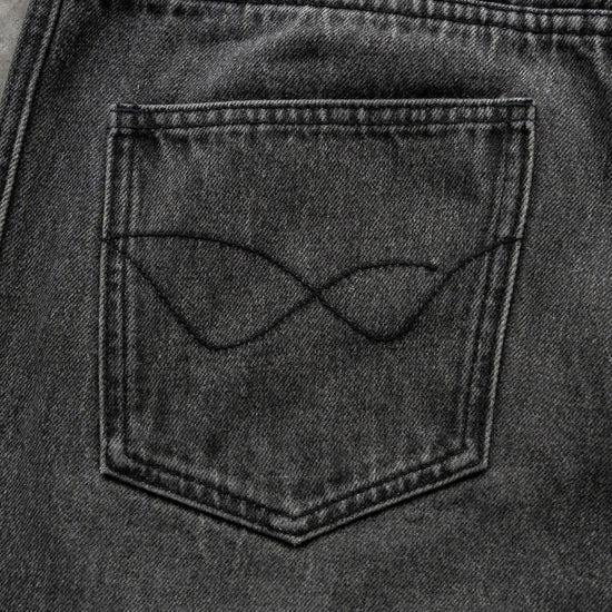 8W PANEL BAGGY JORTS BLACK — concrete back-pocket detail