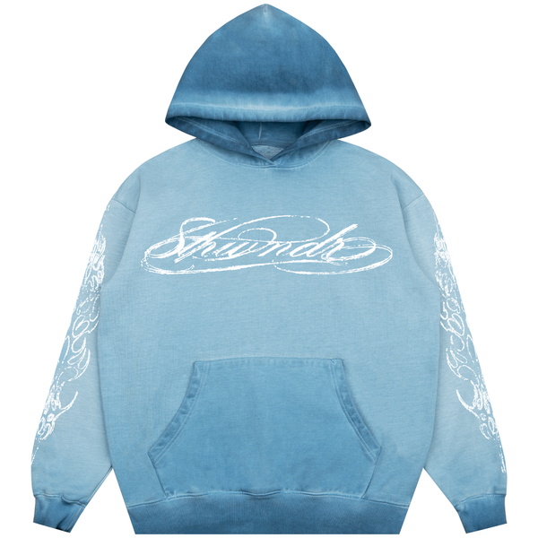 
    Script hoodie washed blue — front on white background Featured Image
