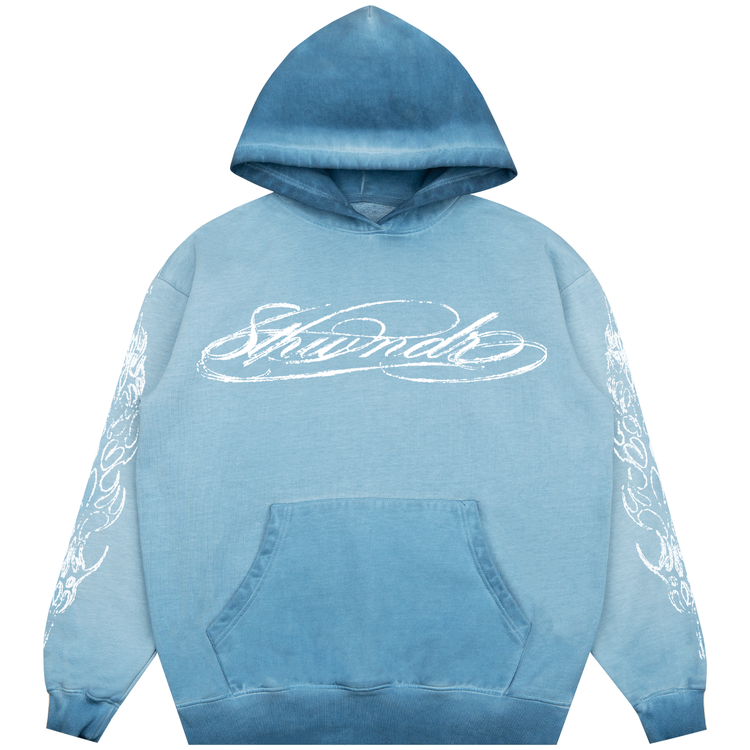 Script hoodie washed blue — front on white background