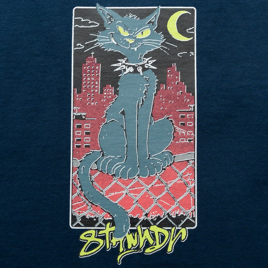 CAT TEE MIDNIGHT NAVY — concrete front design close-up