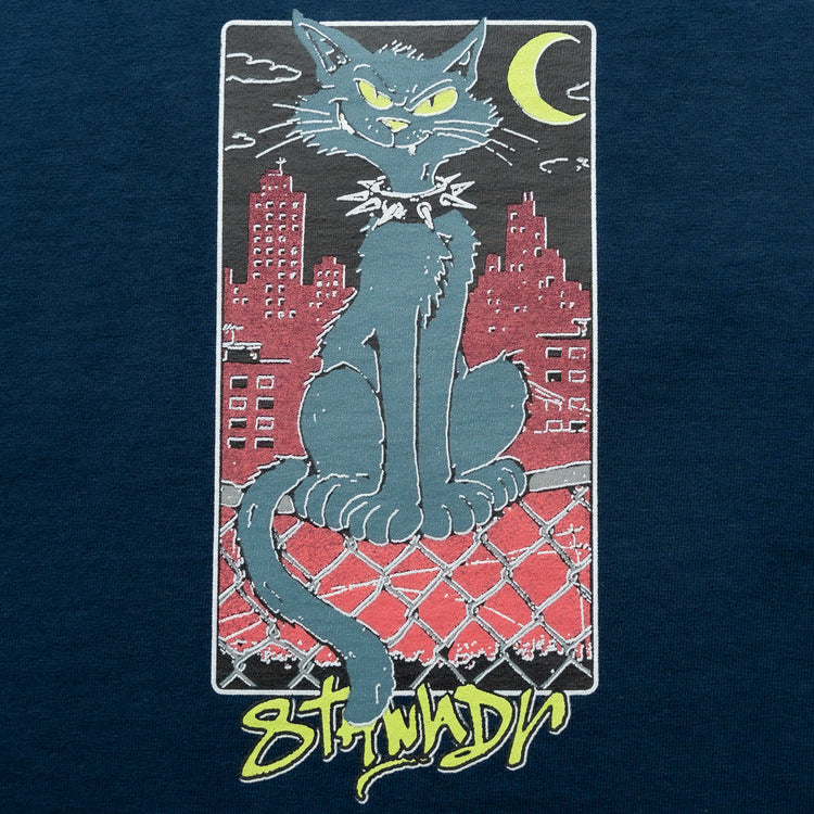 CAT TEE MIDNIGHT NAVY — concrete front design close-up