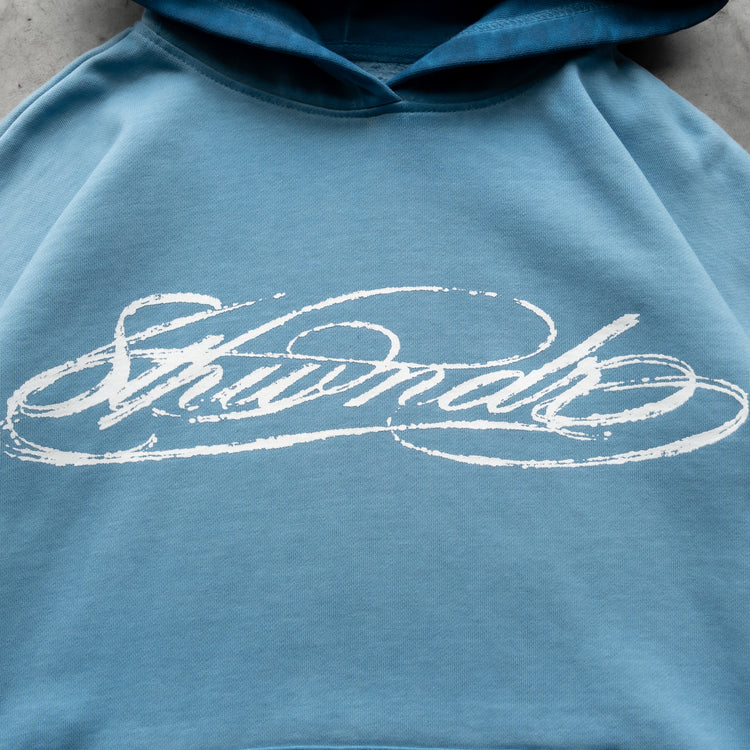 SCRIPT HOODIE WASHED BLUE — concrete front design close-up