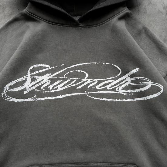 SCRIPT HOODIE WASHED GREY — concrete front design close-up
